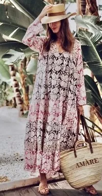 Zara Boho Cotton Floral Hand Block Print Tiered Maxi Prairie Kaftan Dress L- XL • $74.59