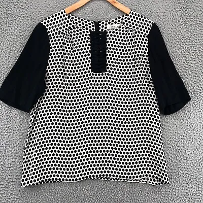 MILLY Top Womens 12 Black Polka Dot Silk Short Sleeves Pleated Contrast Trim Zip • $29.99