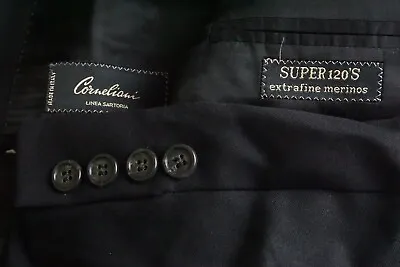 Corneliani S120s Extrafine Merino Wool Black 2 Pc Suit Jacket Pants Sz 44R  • $149.99