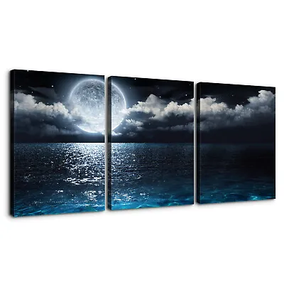 Blue Ocean Under Moonlight Calmful Heart 3 Pieces Canvas Wall Art Picture Poster • $29.99