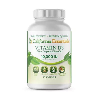 Vitamin D3 10000 IU With Organic Olive Oil Softgels Vit D3 Gluten Free Non-GMO • $13.95