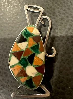  Vintage EILAT ISRAEL Modernist STERLING SILVER INLAID GEMSTONE PIN PENDANT • $29.95