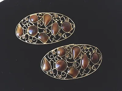 Vintage Lg Musi Shoe Clips Brass Tone Filigree Amber Color Stone Cabochons  • $17.97