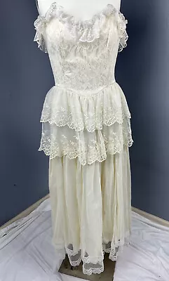 Vtg Gunne Sax Jessica McClintock Strapless Ivory Lace Peplum Wedding Dress 24” W • $279
