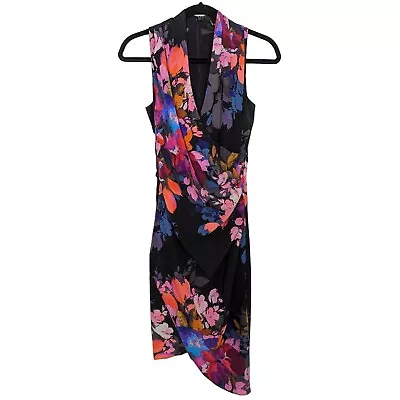 Nicole Miller Collection Sleeveless Floral Wrap Draped Mdi Colorful Silk Dress 0 • $78.40