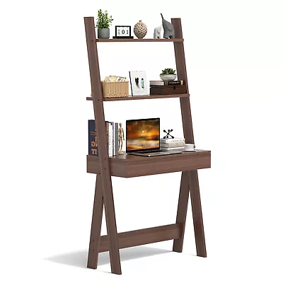 Ladder Shelf Desk Bookcase W/Countertop Drawer & 2 Shelves Bookshelf Walnut • $129.99