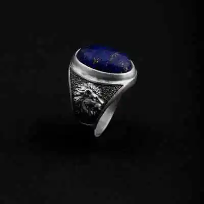 Solid 925 Sterling Silver Natural Lapis Lazuli Gemstone Lion Signet Men's Ring • $69.83