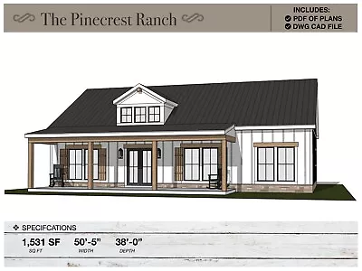 1531 SQ FT Ranch House 50'-5  X 38'-0  House Floor Plans Modern Farmhouse • $28