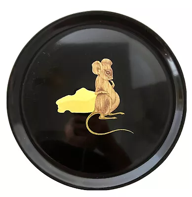 COUROC Mouse Cheese Round Tray Plate Mid Century Wood Metal Inlay 10.5” • $22.99