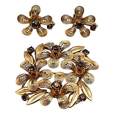 Vintage Van Dell Floral JEWELRY SET Brooch Earrings Gold Fill Amber Crystals • $25