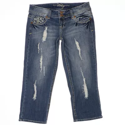 Vanity Cropped Capri Jeans Size 30 Womens Distressed Blue Denim Stretch 33x22.5 • $17.99