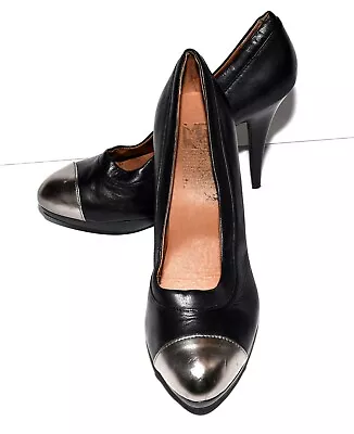 MRKT Mel Black & Pewter Leather Cap Toe Womens Stilettos Heels Eur 38.5 US 8M • $14.99