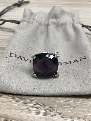 David Yurman Silver 925 Cushion On Point 20mm Amethyst & Diamond Ring Sz 6.25 • $189