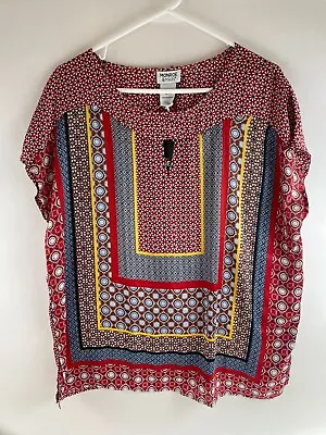 Monroe & Main Shirt Women's Size L Multicolor Silky Front Keyhole Geometric NWT • $16.25