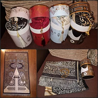 New Gift Cylinder Box Kaba Prayer Mat Janamaz & Tasbeeh Rug Eid Wedding Islamic • £15.95