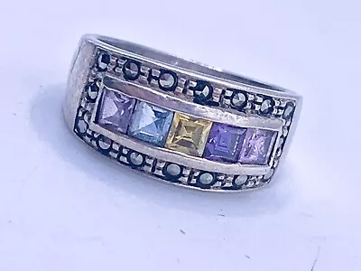 925 Silver  Vintage Citrine Amethyst Topaz & Marcasite Band Ring Sz 6.5 • $25