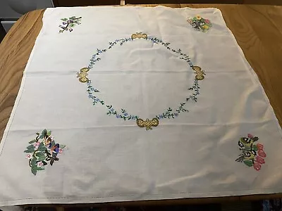 Vintage Hand Embroidered Linen Tablecloth Birds • $25.26