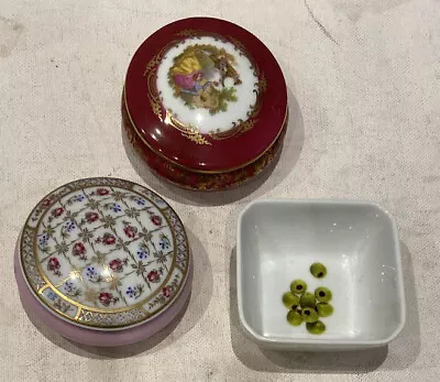 2 X Limoges Castel / France Trinket / Pill Boxes Gold Rim & 1 X Olives Dish • £20