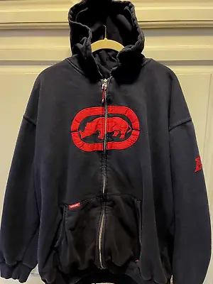 Y2K Ecko Unltd Hoodie Sweatshirt Sz XL Rhino Logo Navy/Red  Zip Up Jacket Pocket • $32