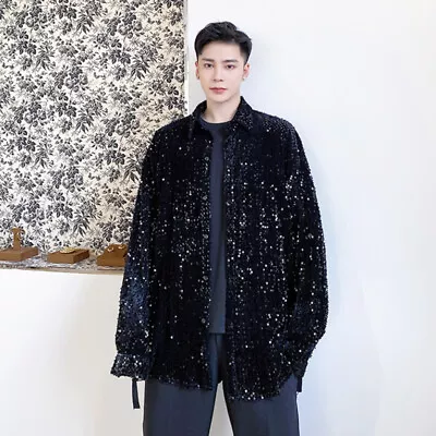 Mens Glitter Sequin Long Sleeve Shirt Button Down Straps Dance Party Fashion Top • $43.31