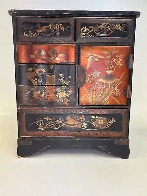 Antique Japanese Chinoiserie Small Black Gilt-Lacquer Cabinet With Keys • £235