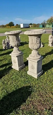 Pair Large Classic Vase Urn Flower Planter On Plinth Stone Garden Ornament Decor • £249.90