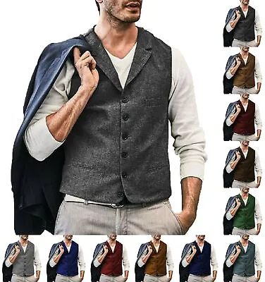 Mens Vest Tweed Waistcoats Herringbone Groom Vintage Retro Business Formal Ves • $49.49