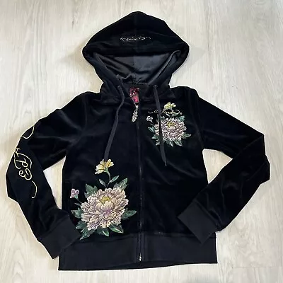 Ed Hardy Vtg Kiss Of Death Black Zip Hood Jacket Velour Embellished Y2K XS • £115.82