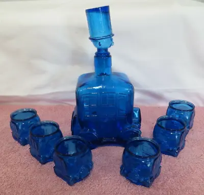 Vtg MCM Blue Glass Decanter Set -Clown Man W/Top Hat In Antique Car & 6 Cordials • $39.99