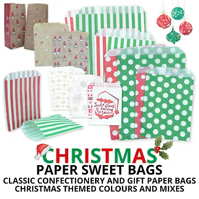 Christmas Paper Sweet Bags - Counter & Gusset Festive Party Goodie Bag • £3.39