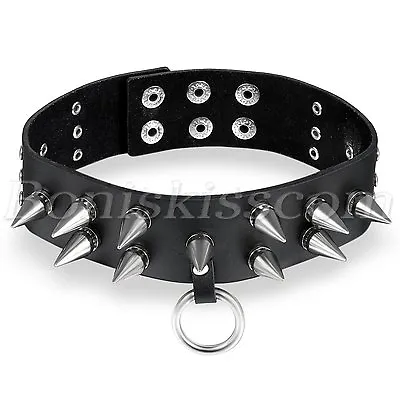 Men's Womens Punk Gothic Black Leather Choker Spike Rivet O Ring Collar Necklace • $12.99