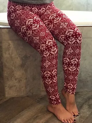 Buttery Soft Red Christmas Snowflake Legging One Size S M L Holiday Star Snow OS • $24.99
