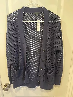 NWT J.Crew Women's M/L Navy Blue Crochet Cardigan Knit V-Neck Cotton Polyester • $19.99