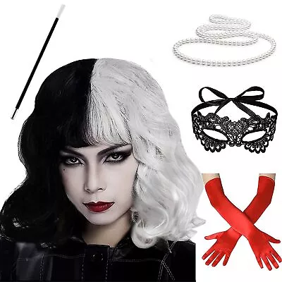 Cruella De Ville Fancy Dress Halloween Costume Wig Glove Cosplay Accessories Set • £15.98