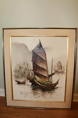 FRAMED P.WANG  HARBOR FISHING JUNK BOAT OIL PAINTING Approx 24 X 20 • $29.99