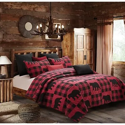 8 Pc Set Buffalo Plaid Red Bear Quilt Queen / Full Size With Curtain Valance Set • £85.18