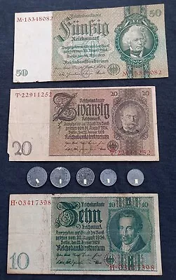 German WW2 Circulated 5020 And 10 Reichsmark Notes And 5 Coins • $40