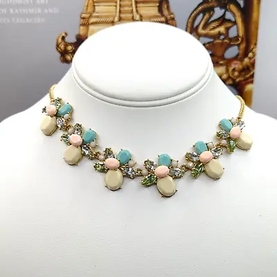 J. Crew Statement Seafoam Blue Pink Cream Bib Acrylic Rhinestone Necklace EUC • $28