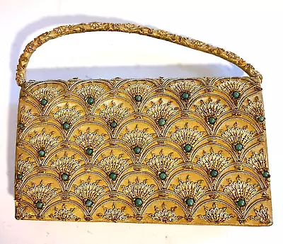 VINTAGE ZARDOZI CLUTCH PURSE GOLD/SILVER Embroidery SEMI-PRECIOUS Stones INDIA • $59.99