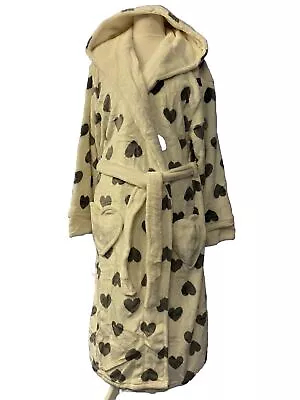 Ladies Winter White Grey Heart Print Plush Fleece Hooded Dressing Gown Size XL • £26.99