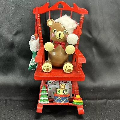 Vtg Christmas Wooden Teddy Bear Musical Rocking Chair WISH YOU A MERRY CHRISTMAS • $15