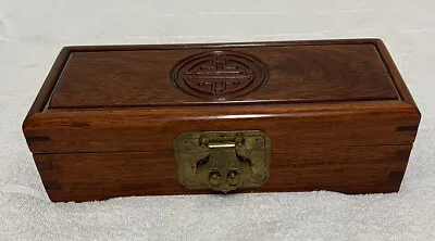 Oriental Wood Brass Jewelry Box Red Dovetail Cork Inside 12x9x3  Vintage • $45