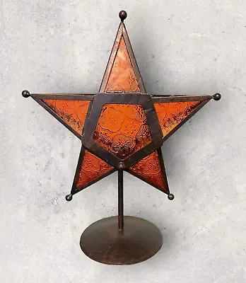 Amber Star Stained Glass Metal Tea Light Candle Holder On Stand 12  H • $24.99