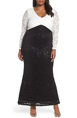  MARINA Sequin Stretch Lace Mermaid Gown  Black/White Sz:16W • $99.99