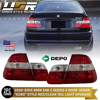 DEPO Euro Red/Clear/Red Rear Tail Light For 02-05 BMW E46 3 Series 4 Door Sedan • $154.96