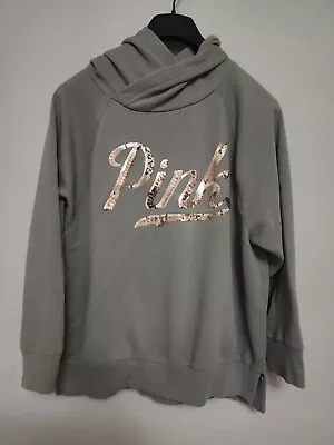 Olive Green Victoria's Secret Pink Hoodie SEQUINED Logo Large 10 12 Gold • $19.99