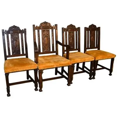 Antique Set Of 4 Oak Carved Dining Chairs #21649C • $985