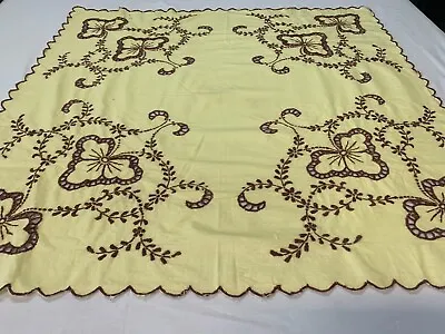 Vintage Embroidered Tablecloth Cotton Square 32 X 32 In 1970s Butterflies Linen • $22