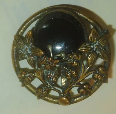 Antique MOURNING Brooch/PIN W/ Beveled/Convex ONYX? Prong  For SMALL ROUND PHOTO • $24.42