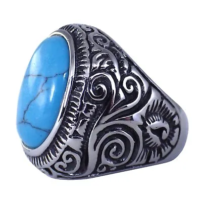 Synthetic Turquoise Ring Silver Stainless Steel Southwestern Style Band Size 8 • $7.99